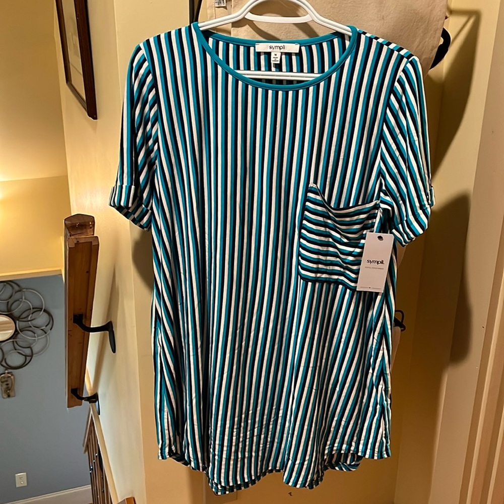 Sympli Bamboo T-shirt Pocket Tunic blue stripes NWT Med